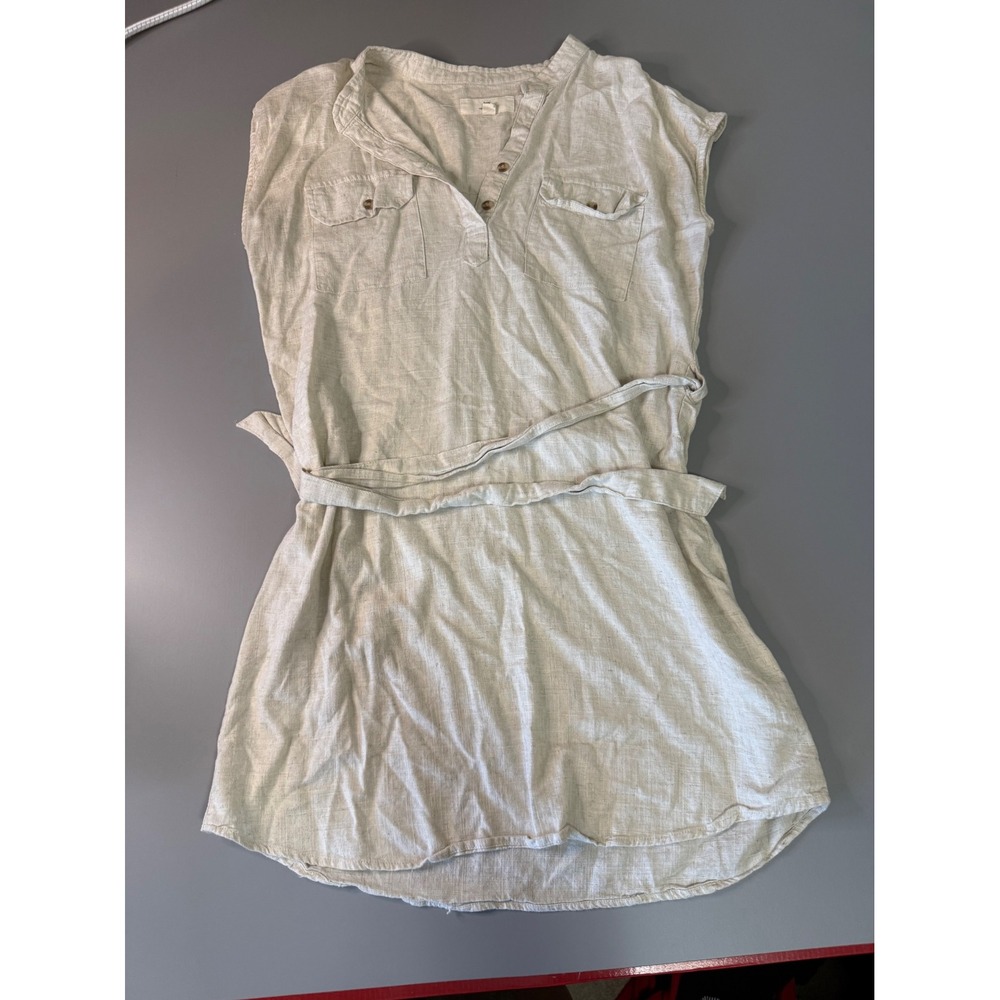 Thread & Supply Linen Blend Shirt Dress Natural Beige Sleeveless Tie Waist L